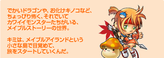でかいドラゴンや、お化けキノコなど、ちょっぴり怖く、それでいてカワイイモンスターたちがいる、メイプルストーリーの世界。キミは、メイプルアイラインドという小さな島で目覚めて、旅をスタートしていくんだ。